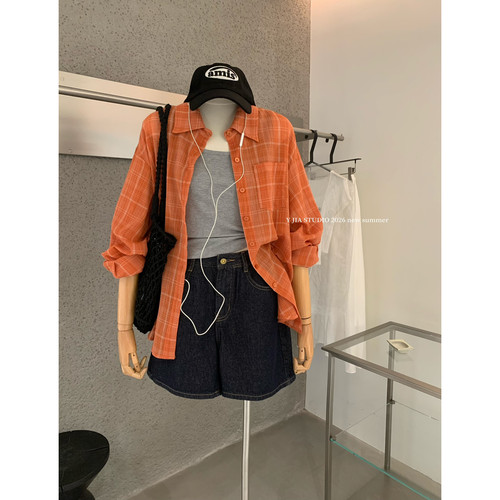 Y.JIA伊嘉十三行夏季设计感格纹防晒衬衫+叠穿百搭背心套装女8912