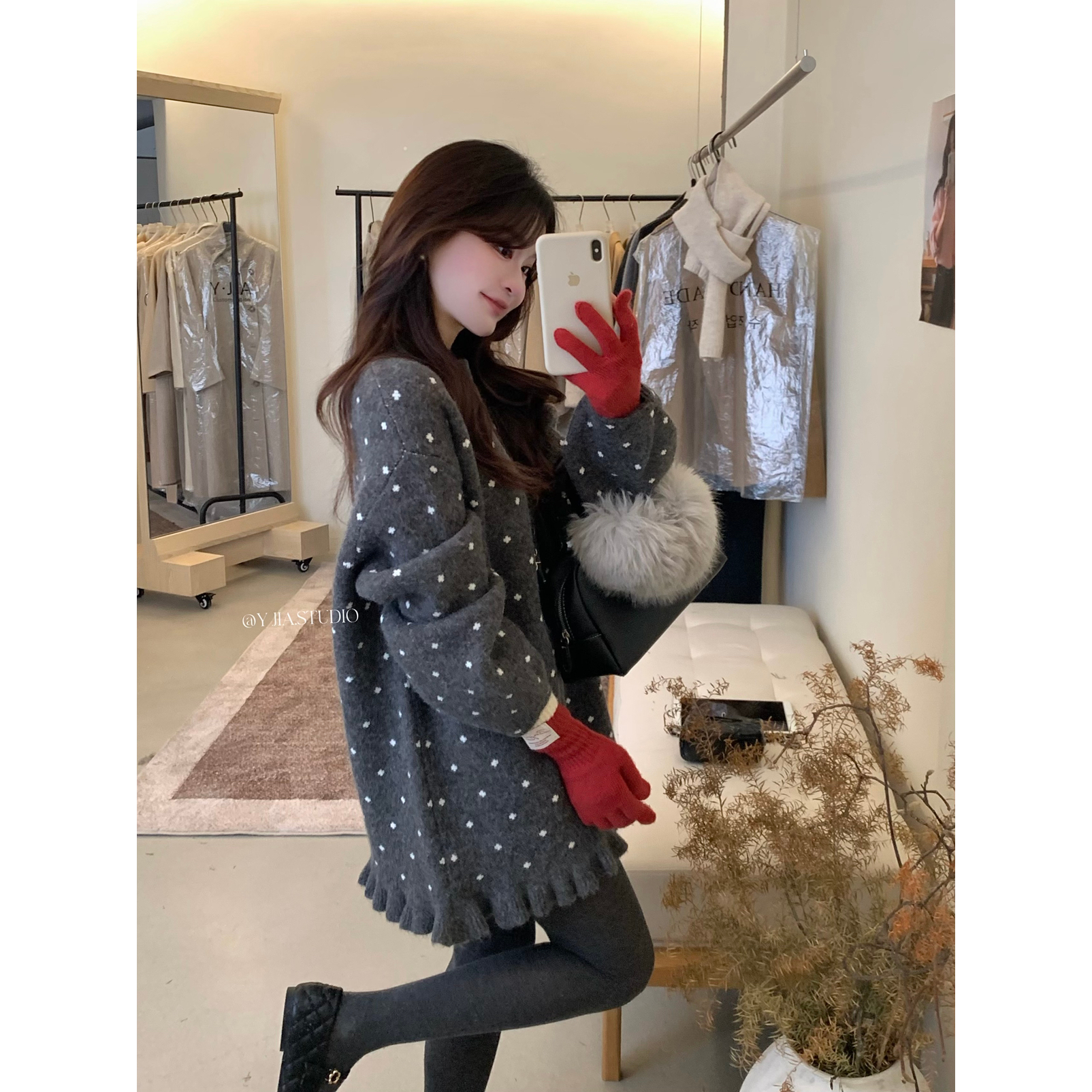 Y.JIA伊嘉冬季甜美风波点圆领宽松显瘦百搭套头针织上衣女1237-55