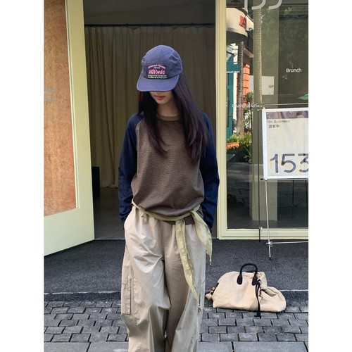 LEAVES十三行秋新款美式宽松慵懒风条纹插肩袖休闲长袖T恤女0909