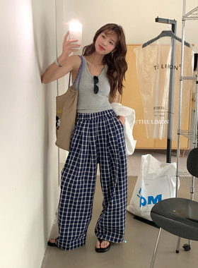 露si同款The limon柠檬绿茶蓝色格纹宽松休闲裤春夏阔腿直筒裤女