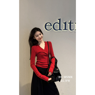 T恤打底上衣女C1239 长袖 HUMSMR十三行冬上新法式 复古V领磨毛短款