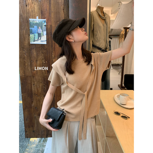 THE LIMON柠檬绿茶秋季设计感百搭圆领短袖针织衫女配披肩00-8210