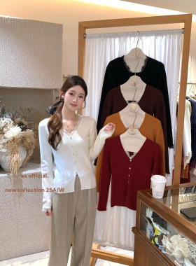 AS OFFICIAL十三行秋冬季显瘦叠穿V领蕾丝拼接针织衫上衣女15001