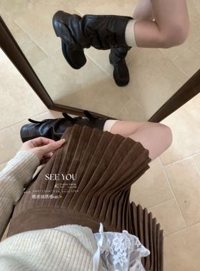 SEE YOU-十三行秋季小个子百褶麂皮绒感复古a字显瘦半身裙女3209H