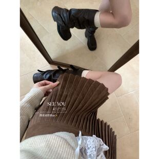 SEE YOU-十三行秋季小个子百褶麂皮绒感复古a字显瘦半身裙女3209H