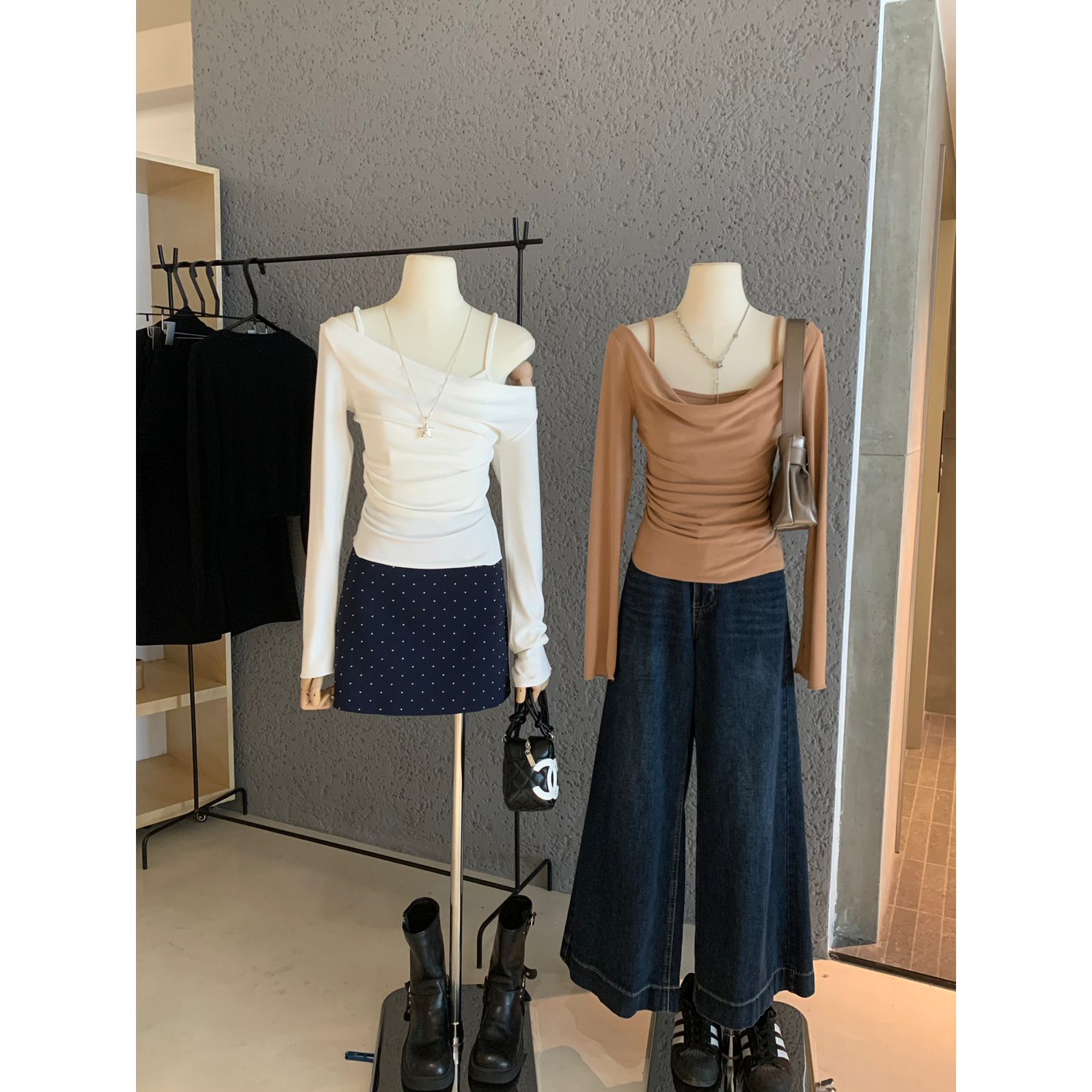 WGWE-纯欲风挂脖荡领辣妹假两件露肩短款内搭打底长袖上衣女W7159