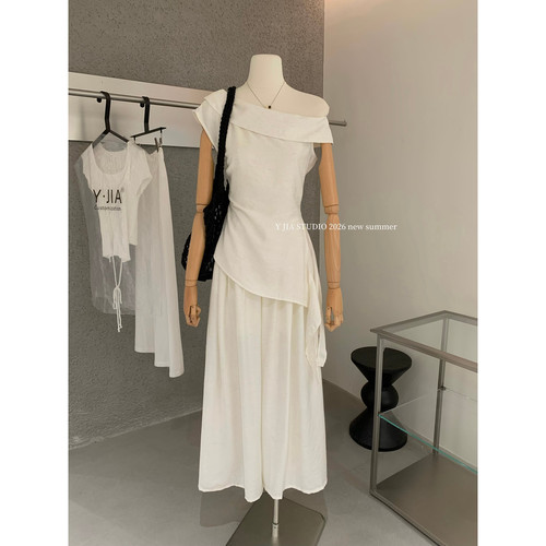 Y.JIA伊嘉十三行夏季杏色修身显瘦小衫+高腰阔腿裤套装女YS6-1186