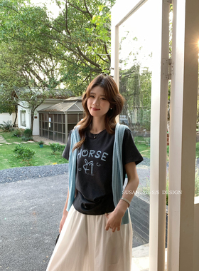 SUSAN-十三行夏季韩系博主风减龄字母刺绣通勤上衣短袖T恤女Si71