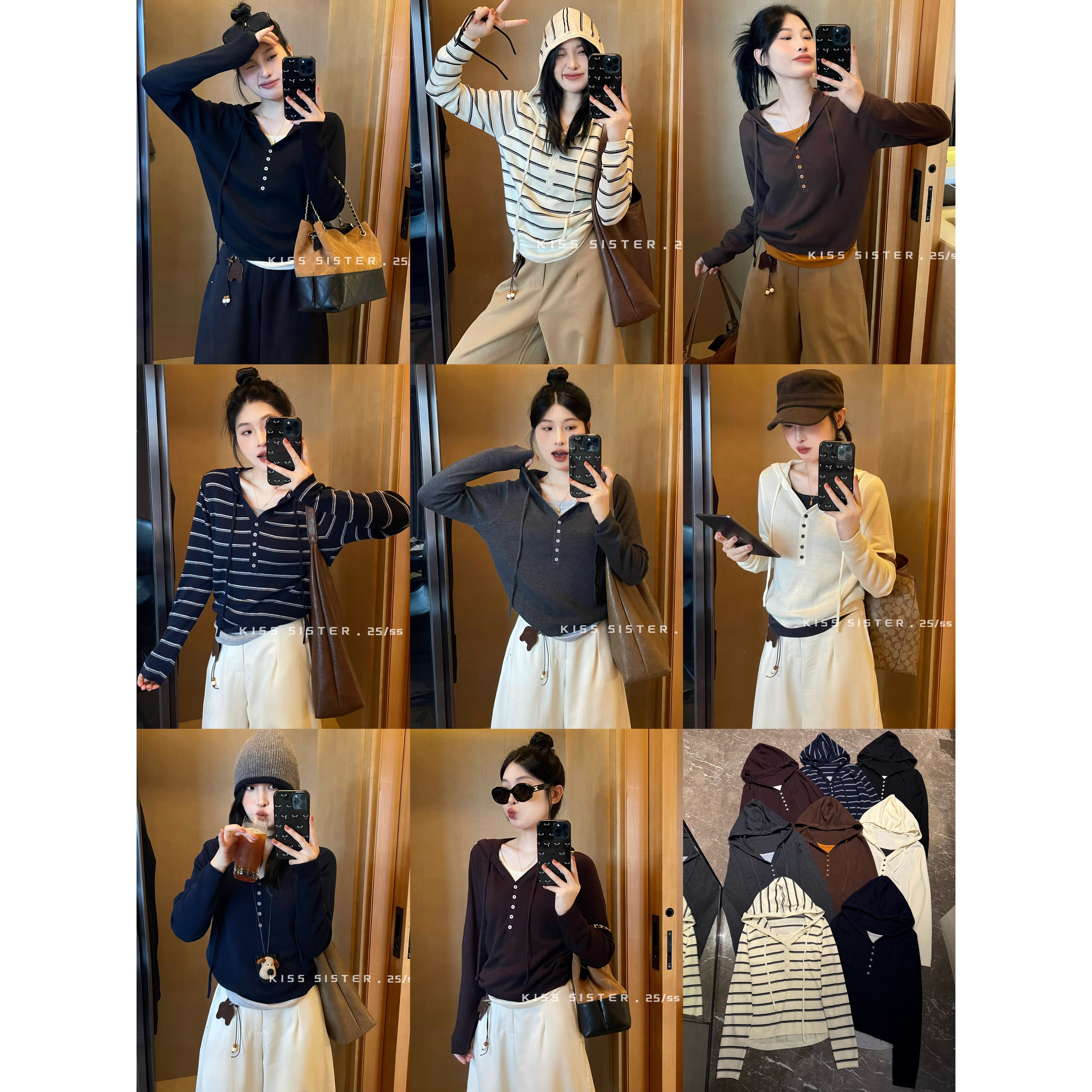 KISS SISTER十三行拼接假两件V领撞色连帽条纹设计针织衫女M7112