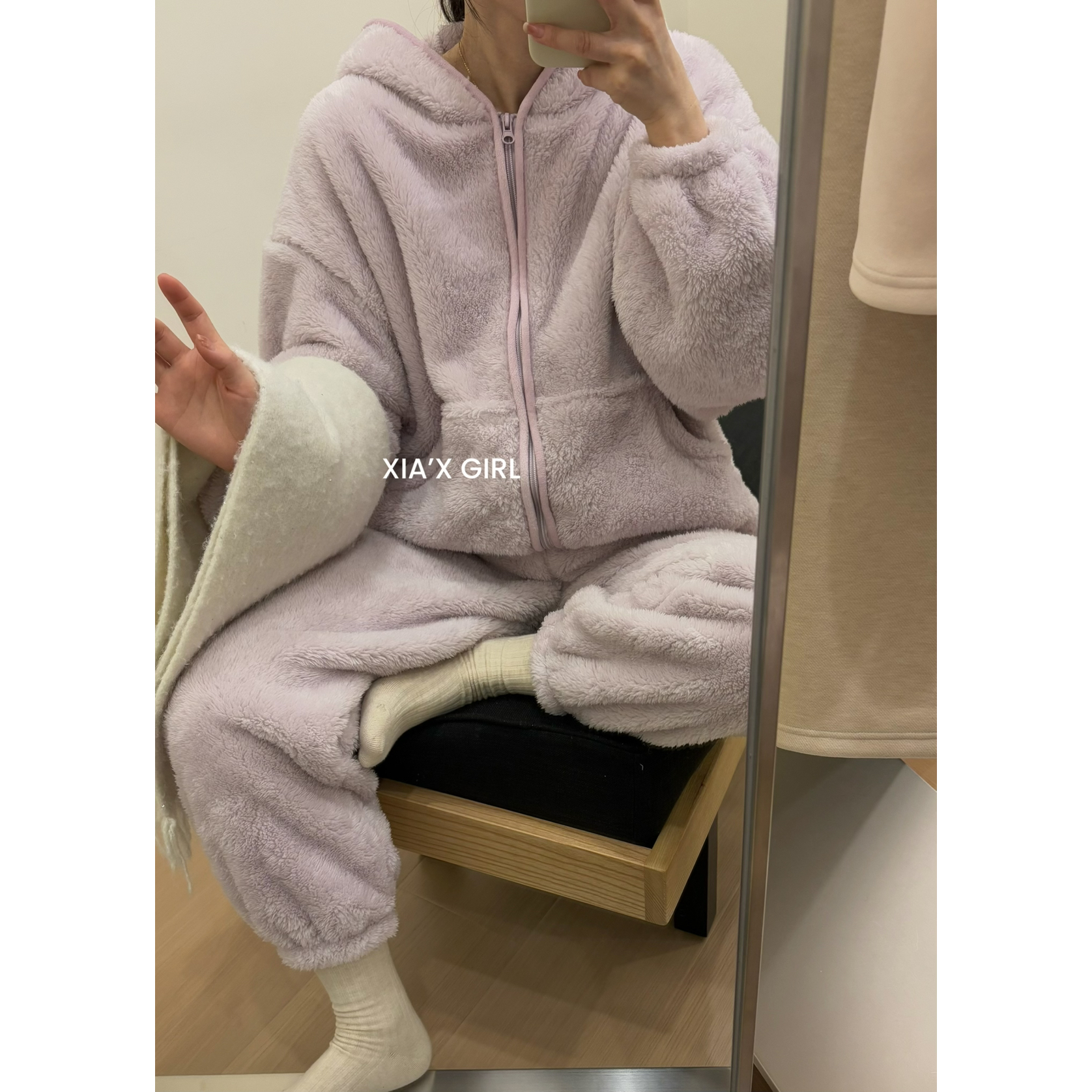 加绒加厚家居上衣+裤子睡衣套装