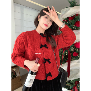 6917 蝴蝶结软糯复古麻花加厚保暖毛衣女00 THE LIMON柠檬绿茶法式