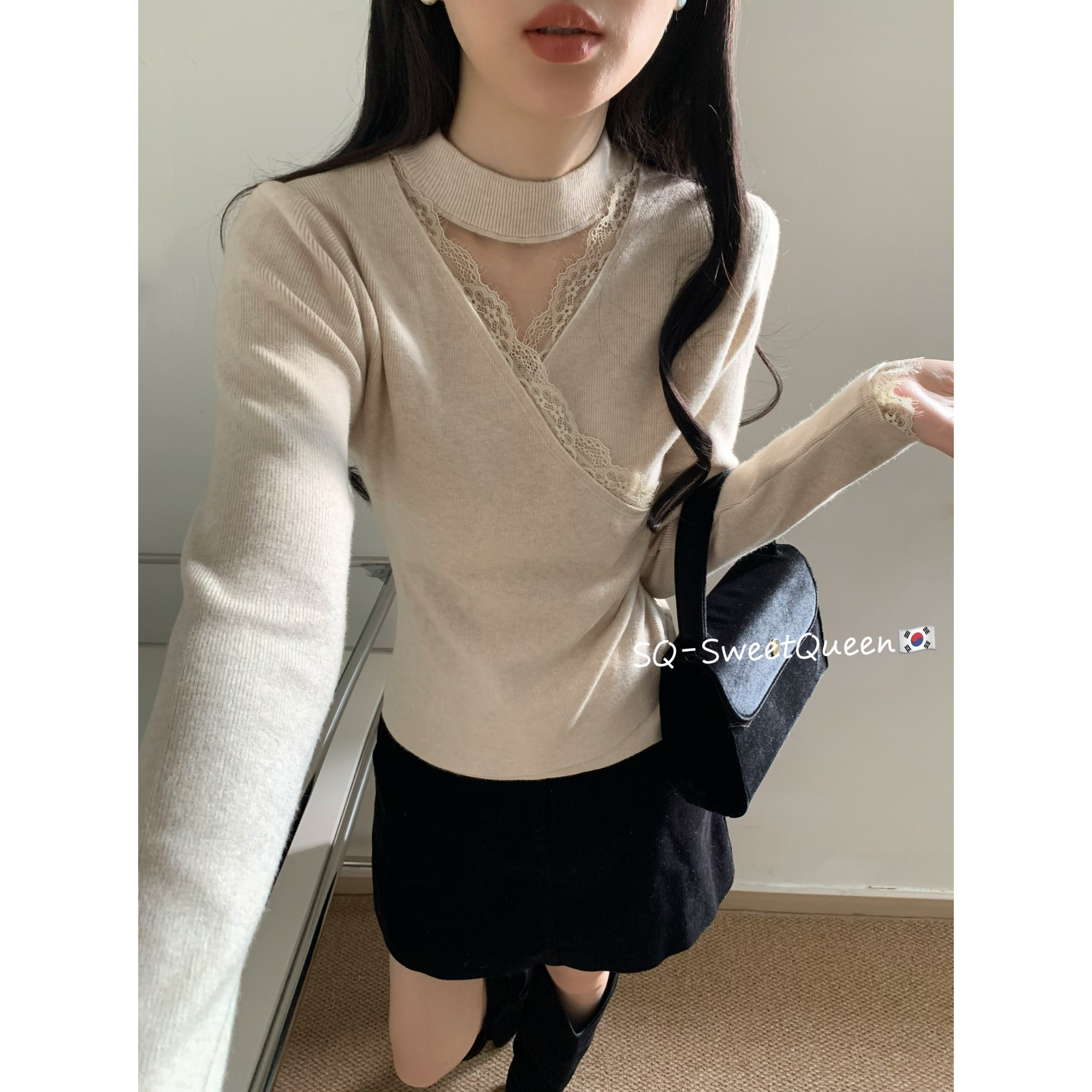 SQ十三行秋冬显瘦纯欲风气质挂脖蕾丝边修身打底衫针织衫女6613Q