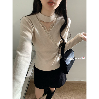 SQ十三行秋冬显瘦纯欲风气质挂脖蕾丝边修身打底衫针织衫女6613Q