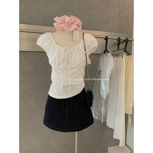 小衫 Y.JIA 法式 甜辣蕾丝拼接方领泡泡袖 女5568 伊嘉十三行春夏美式