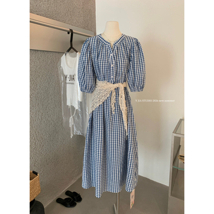 Y.JIA十三行夏季 2223 蓝色格子裙学院风仙女裙连衣裙女配屁帘YS6