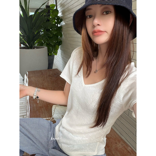 KAPOK十三行夏季满满松弛感V领慵懒百搭轻薄款短袖T恤上衣女26155