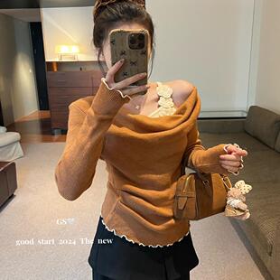 GS法式荡领斜肩立体花朵假两件针织衫女设计感舒芙蕾软糯秋冬上衣