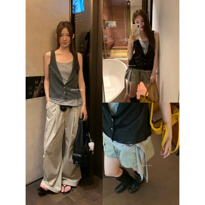 MZI STUDIO十三行夏季无袖V开衫+压褶设计感吊带背心套装女13277