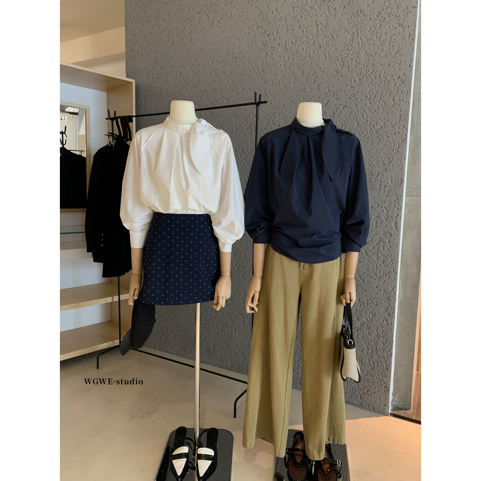 WGWE-十三行秋季新款设计感立领兔耳朵斜门襟气质长袖衬衫女W7031