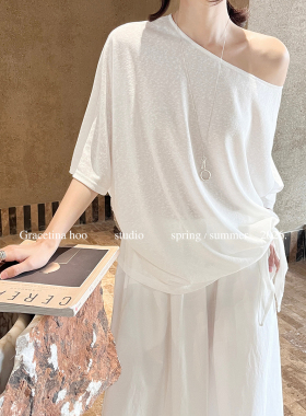 GRACETINA HOO天丝麻斜肩侧打结简约松弛ROW风通勤短袖T恤女8109