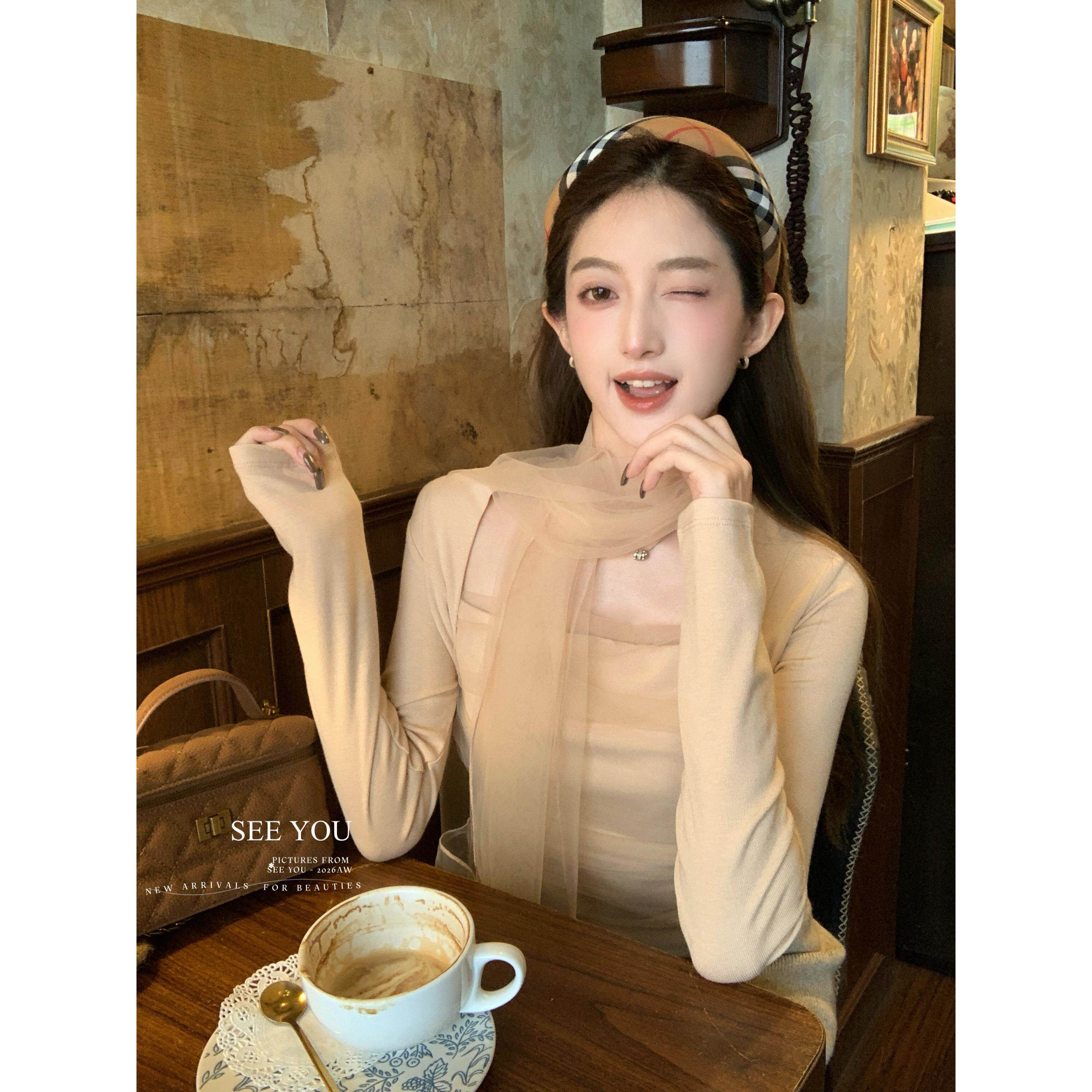 SEE YOU秋冬氛围感围巾网纱拼接收腰弹力针织上衣女配飘带26692W