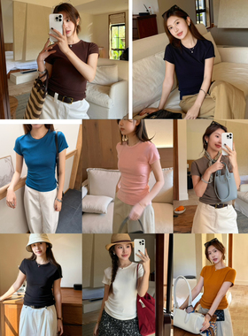 DIGM十三行韩系时尚简约百搭舒适圆领显瘦有弹力短袖T恤女JB60669