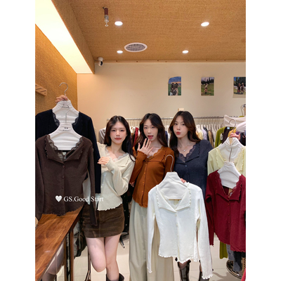 气质温柔蕾丝拼接v领打底衫女