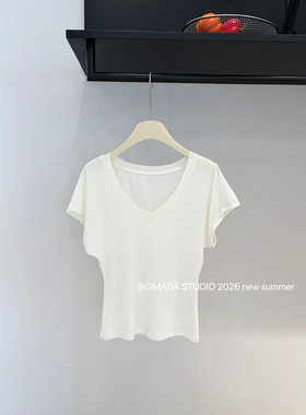 Simida十三行夏季简约风松弛感V领宽松蝙蝠袖显瘦短袖T恤女Y2823D