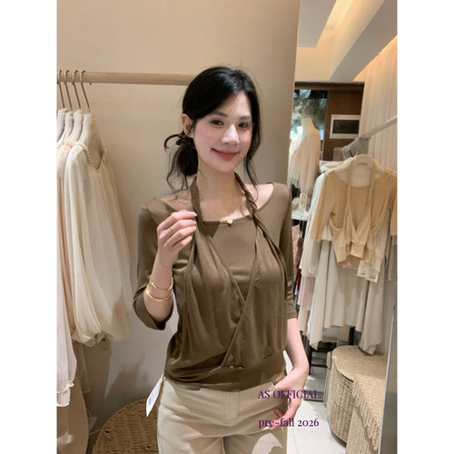 AS OFFICIAL十三行秋季新款气质显瘦假两件纽结挂脖式上衣女28723