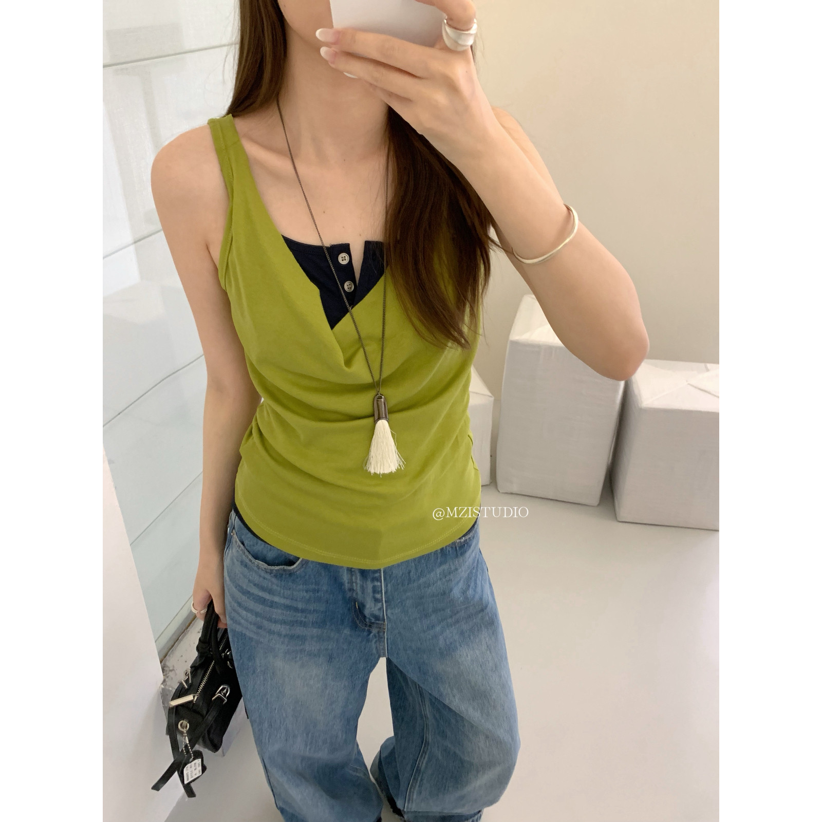 MZI STUDIO莱赛尔设计感显瘦假两件拼色百搭舒适亲肤背心女A10170图片