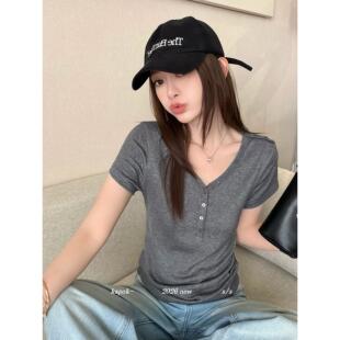 KAPOK十三行2026夏季美式显瘦气质简约纯色V领修身短袖T恤女26187