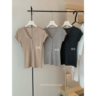 气质上衣女316 显瘦卷边针织衫 Y.JIA伊嘉十三行夏季 显瘦亨利领修身