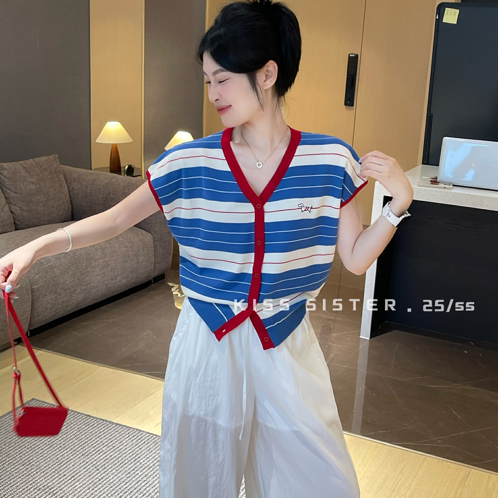 十三行条纹刺绣小马冰丝针织开衫