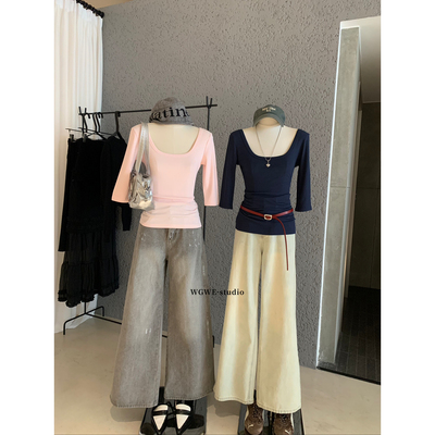 WGWE十三行秋冬修身显瘦U领纯色正肩韩版打底上衣长袖T恤女W7701