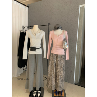 上衣长袖 T恤女W7685 显瘦休闲打底衫 WGWE十三行秋冬韩系半开领修身