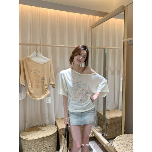 AS OFFICIAL十三行夏季气质显瘦趣味卡通图案斜肩中袖上衣女28559
