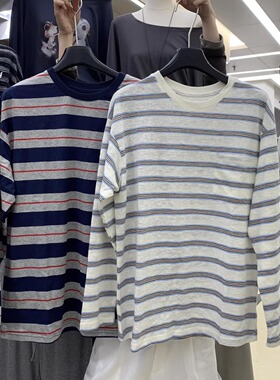KAPOK-张元英同款miu系复古慵懒风tee条纹圆领长袖上衣T恤女25666
