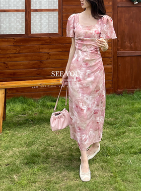 SEE YOU精致方领茶歇法式碎花连衣裙女2024夏季气质收腰显瘦长裙