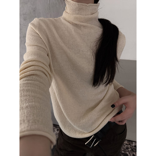 RS.WHMT十三行秋季韩系软糯堆堆领纯色套头打底针织衫上衣女C3030