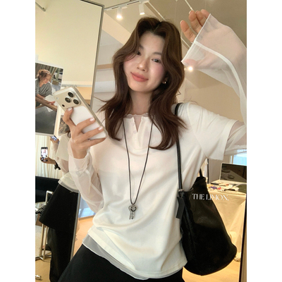 THE LIMON柠檬绿茶-夏季设计感假两件拼接网纱宽松T恤上衣女10329