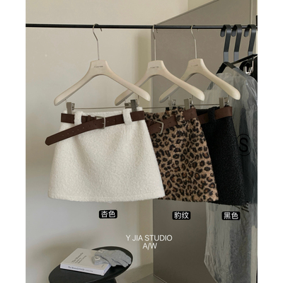 Y.JIA十三行冬季豹纹毛呢显瘦A字短裙防走光半身裙女配腰带7885-5