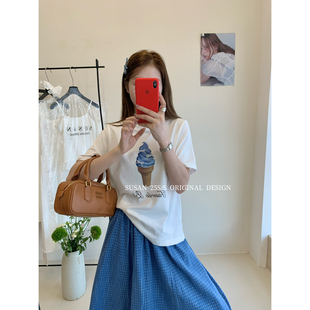 SUSAN十三行夏季新款韩系ins冰淇淋蝴蝶结印花短袖T恤时尚上衣女