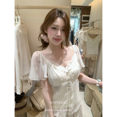 AS OFFICIAL十三行夏季法式蕾丝边纱纱拼接假两件短袖上衣女28513