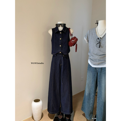 马甲背心+阔腿牛仔裤复古配腰带