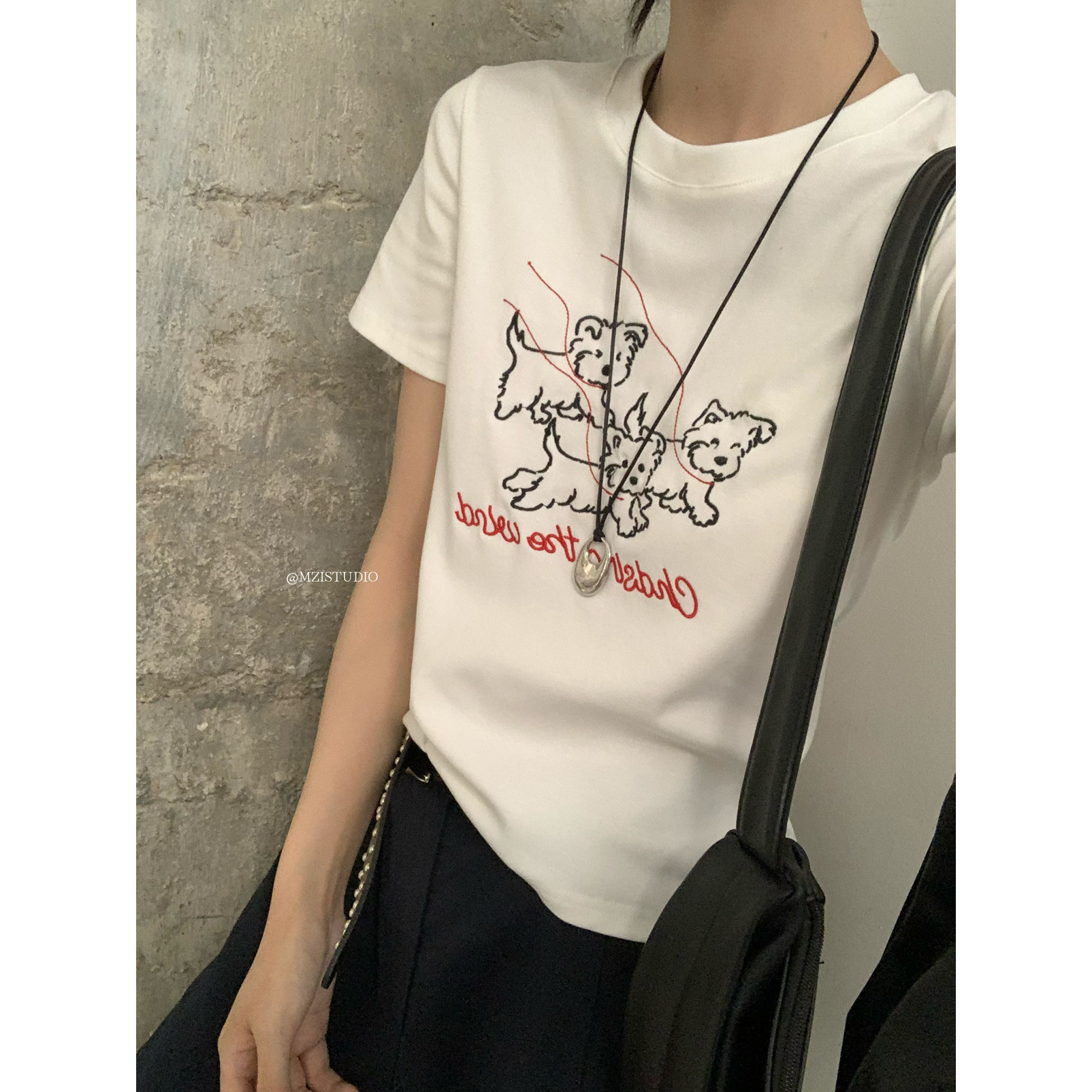 MZI STUDIO十三行夏季可爱小狗字母印花正肩显瘦短袖T恤女潮13975