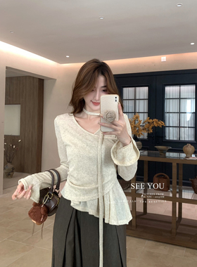 SEE YOU-古早美女穿搭十三行韩系显瘦喇叭袖裙摆飘带小衫女3289H