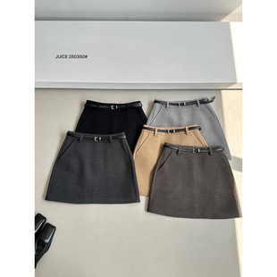 JUICE十三行秋冬季复古加厚毛呢短裙显瘦A字半身裙女配腰带250350