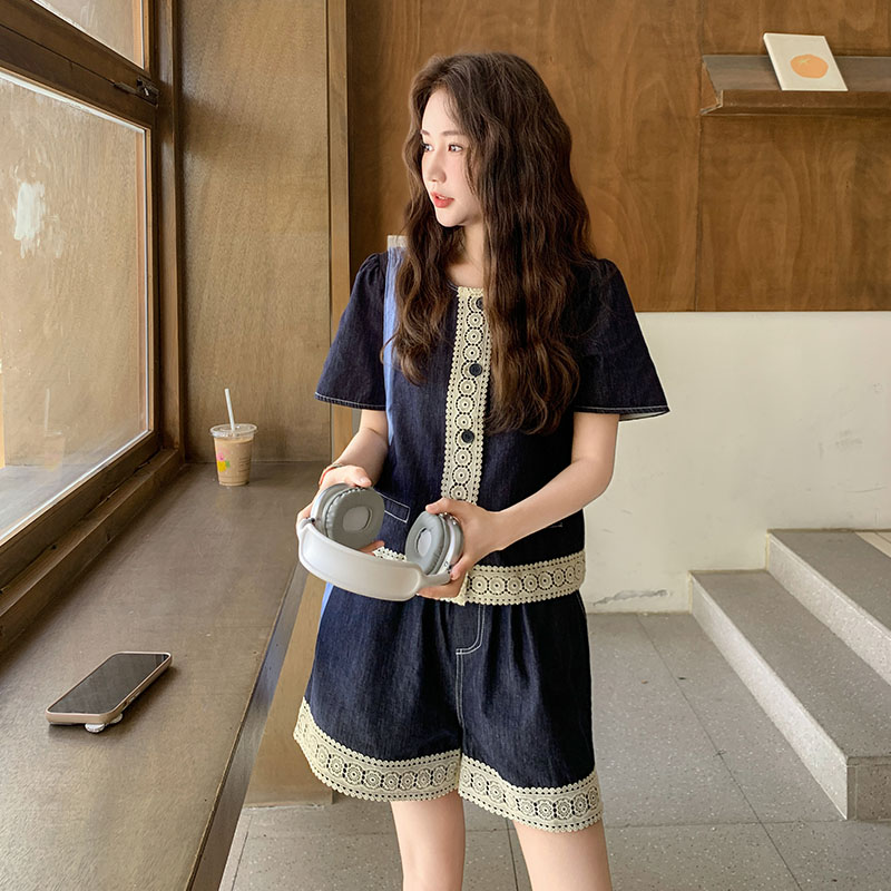 爆款小个子蕾丝花边牛仔套装女2025夏新款复古短袖上衣短裤两件套
