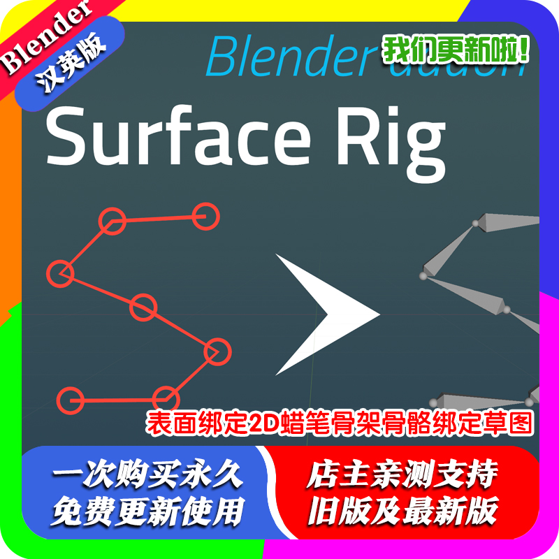 Blender插件 Surface rig 0.43 表面绑定2D蜡笔骨架骨骼绑定草图