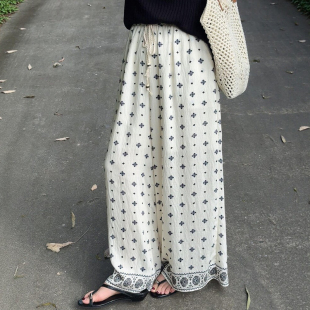 2026正流行女垂感国风裤 新中式 波西米亚阔腿裤 大码 裙 碎花白色裙裤